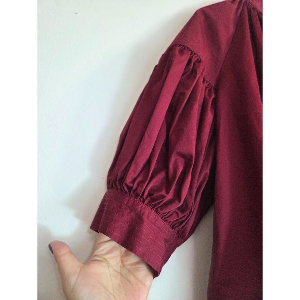 CO Women Dark Red V-Neck Puff Sleeve Poplin 100% Cotton Boxy Blouse size Small - Picture 5 of 9